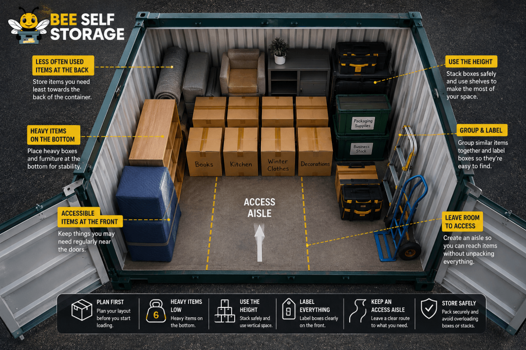 How to pack a storage container with boxes, furniture, tools and business stock organised for easy access