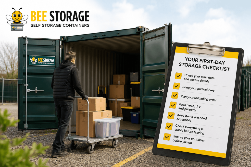 Moving into your storage container with boxes and a first-day storage checklist
