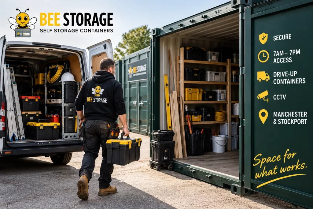 Trade storage container organised with tools, equipment and suitable materials for tradespeople