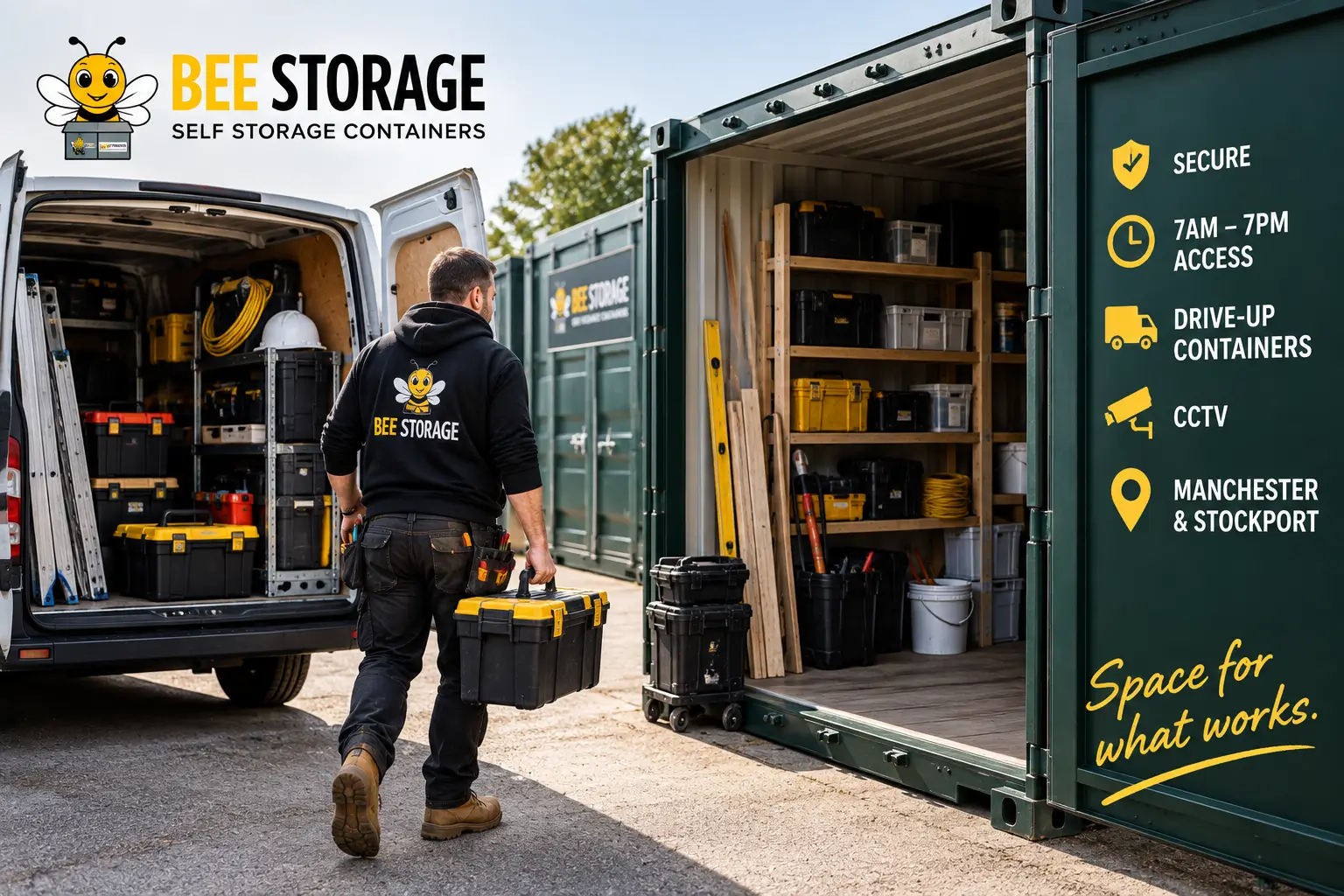 Trade storage container organised with tools, equipment and suitable materials for tradespeople